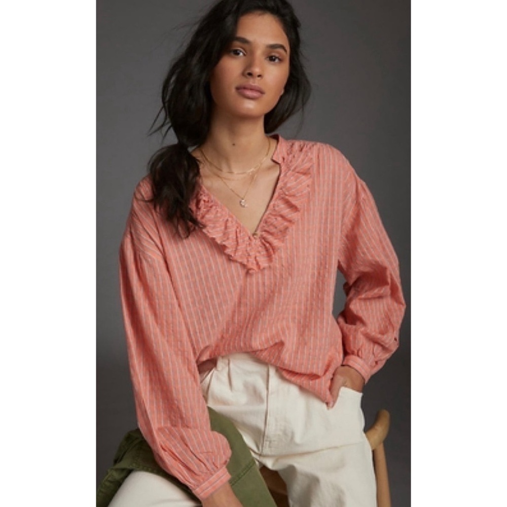 Pilcro Brianna Cotton Linen Striped Ruffle Long Sleeve Popover Top XS NEW
